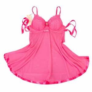 Y2K Hot Pink Babydoll Lingerie Rhinestone Lace Bust Sheer Mesh Nightie
